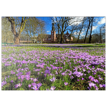 puzzleplate Krokusblüte im Schlosspark mit dem Schloss vor Husum 200 Puzzle