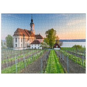Darstellung des Puzzle-Motivs Abend an der Wallfahrtskirche Birnau bei Unteruhldingen am Bodensee – Puzzleteile: 500