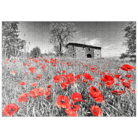 Darstellung des Puzzle Motivs Mohnfeld vor einem Landhaus an den Hängen über Orvieto, Umbrien - Puzzleteile: 200