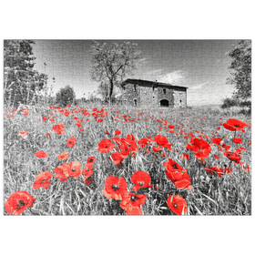 Darstellung des Puzzle Motivs Mohnfeld vor einem Landhaus an den Hängen über Orvieto, Umbrien - Puzzleteile: 500