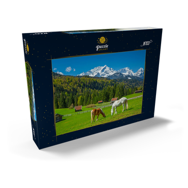 Pferde bei Kaltenbrunn gegen Zugspitzgruppe (2962m), Garmisch-Partenkirchen 1000 Puzzle Schachtel Ansicht2