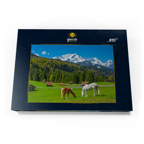 Pferde bei Kaltenbrunn gegen Zugspitzgruppe (2962m), Garmisch-Partenkirchen 1000 Puzzle Schachtel Ansicht3