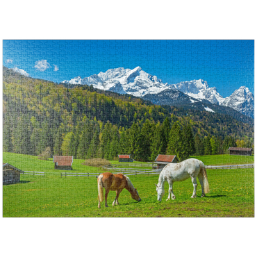 puzzleplate Pferde bei Kaltenbrunn gegen Zugspitzgruppe (2962m), Garmisch-Partenkirchen 1000 Puzzle