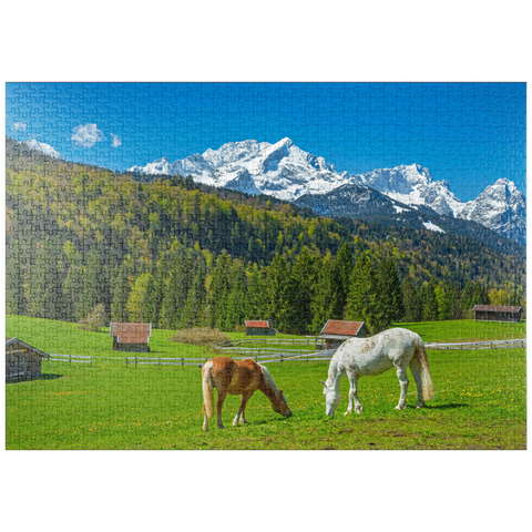 puzzleplate Pferde bei Kaltenbrunn gegen Zugspitzgruppe (2962m), Garmisch-Partenkirchen 1000 Puzzle