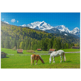 Darstellung des Puzzle Motivs Pferde bei Kaltenbrunn gegen Zugspitzgruppe (2962m), Garmisch-Partenkirchen - Puzzleteile: 1000