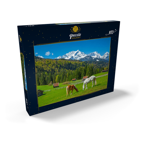 Pferde bei Kaltenbrunn gegen Zugspitzgruppe (2962m), Garmisch-Partenkirchen 100 Puzzle Schachtel Ansicht2