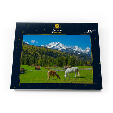 Pferde bei Kaltenbrunn gegen Zugspitzgruppe (2962m), Garmisch-Partenkirchen 100 Puzzle Schachtel Ansicht3