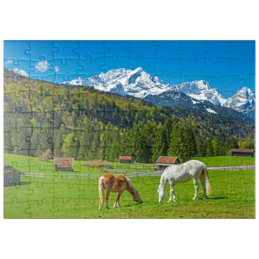 puzzleplate Pferde bei Kaltenbrunn gegen Zugspitzgruppe (2962m), Garmisch-Partenkirchen 100 Puzzle