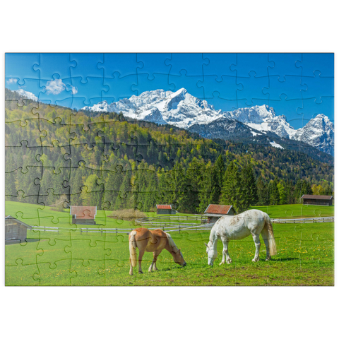 puzzleplate Pferde bei Kaltenbrunn gegen Zugspitzgruppe (2962m), Garmisch-Partenkirchen 100 Puzzle