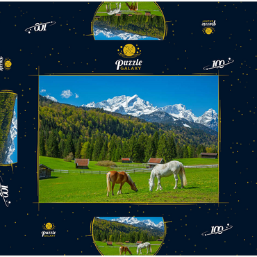 Pferde bei Kaltenbrunn gegen Zugspitzgruppe (2962m), Garmisch-Partenkirchen 100 Puzzle Schachtel 3D Modell