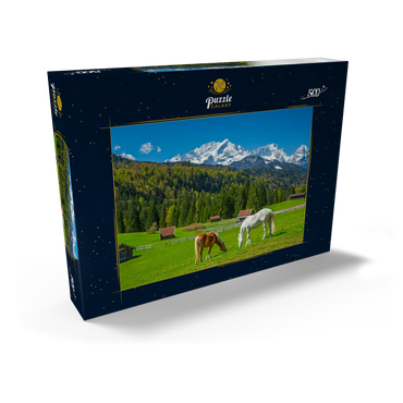 Pferde bei Kaltenbrunn gegen Zugspitzgruppe (2962m), Garmisch-Partenkirchen 500 Puzzle Schachtel Ansicht2
