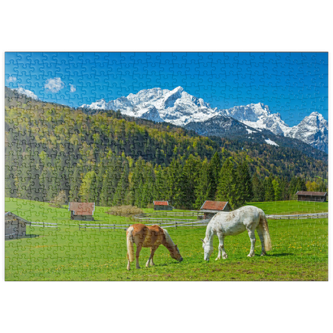 puzzleplate Pferde bei Kaltenbrunn gegen Zugspitzgruppe (2962m), Garmisch-Partenkirchen 500 Puzzle