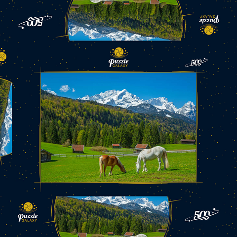Pferde bei Kaltenbrunn gegen Zugspitzgruppe (2962m), Garmisch-Partenkirchen 500 Puzzle Schachtel 3D Modell