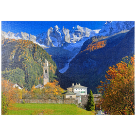 Darstellung des Puzzle-Motivs Bergdorf Soglio mit Dorfkirche, Engadin, Kanton Graubünden, Schweiz – Puzzleteile: 1000