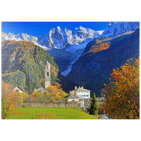 puzzleplate Bergdorf Soglio mit Dorfkirche, Engadin, Kanton Graubünden, Schweiz 1000 Puzzle