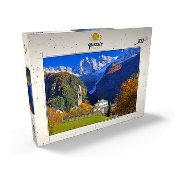 Bergdorf Soglio mit Dorfkirche, Engadin, Kanton Graubünden, Schweiz 100 Puzzle Schachtel Ansicht2