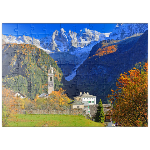 puzzleplate Bergdorf Soglio mit Dorfkirche, Engadin, Kanton Graubünden, Schweiz 100 Puzzle