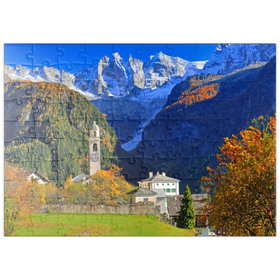 Darstellung des Puzzle Motivs Bergdorf Soglio mit Dorfkirche, Engadin, Kanton Graubünden, Schweiz - Puzzleteile: 100