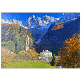 Darstellung des Puzzle-Motivs Bergdorf Soglio mit Dorfkirche, Engadin, Kanton Graubünden, Schweiz – Puzzleteile: 200