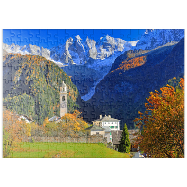 puzzleplate Bergdorf Soglio mit Dorfkirche, Engadin, Kanton Graubünden, Schweiz 200 Puzzle