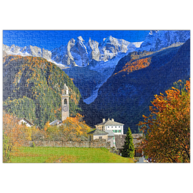 Darstellung des Puzzle-Motivs Bergdorf Soglio mit Dorfkirche, Engadin, Kanton Graubünden, Schweiz – Puzzleteile: 500