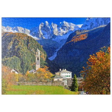 puzzleplate Bergdorf Soglio mit Dorfkirche, Engadin, Kanton Graubünden, Schweiz 500 Puzzle