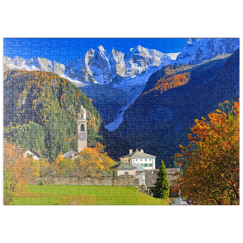 puzzleplate Bergdorf Soglio mit Dorfkirche, Engadin, Kanton Graubünden, Schweiz 500 Puzzle