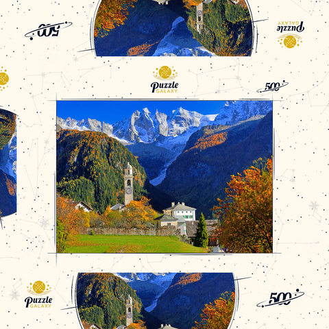 Bergdorf Soglio mit Dorfkirche, Engadin, Kanton Graubünden, Schweiz 500 Puzzle Schachtel 3D Modell