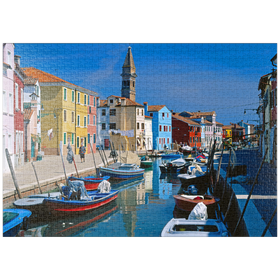 Darstellung des Puzzle-Motivs Kanal mit Pfarrkirche, Insel Burano bei Venedig, Venetien, Italien – Puzzleteile: 1000