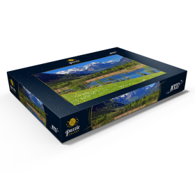 Alternative Darstellung des Puzzle-Motivs Sieben Quellen im Loisachtal bei Eschenlohe gegen Zugspitzgruppe, Oberbayern – Puzzleteile: 1000