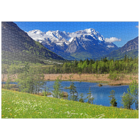 Darstellung des Puzzle-Motivs Sieben Quellen im Loisachtal bei Eschenlohe gegen Zugspitzgruppe, Oberbayern – Puzzleteile: 1000