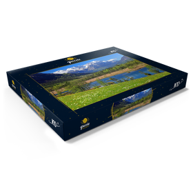 Darstellung des Puzzle Motivs Sieben Quellen im Loisachtal bei Eschenlohe gegen Zugspitzgruppe, Oberbayern - Puzzleteile: 100