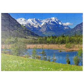 Darstellung des Puzzle Motivs Sieben Quellen im Loisachtal bei Eschenlohe gegen Zugspitzgruppe, Oberbayern - Puzzleteile: 100