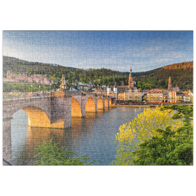 Darstellung des Puzzle Motivs Heidelberger Schloss und Alte Brücke über den Neckar am frühen Morgen - Puzzleteile: 500