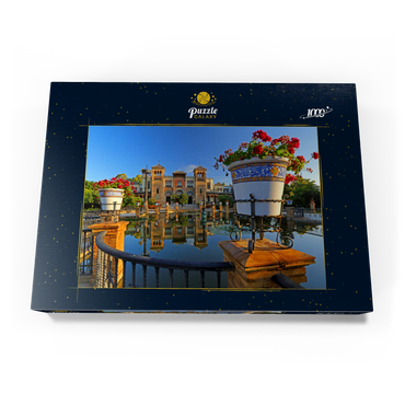 Wasserbecken mit dem Mudejar Pavillon im Morgenlicht, Plaza de America 1000 Puzzle Schachtel Ansicht3