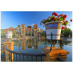 Darstellung des Puzzle-Motivs Wasserbecken mit dem Mudejar Pavillon im Morgenlicht, Plaza de America – Puzzleteile: 1000