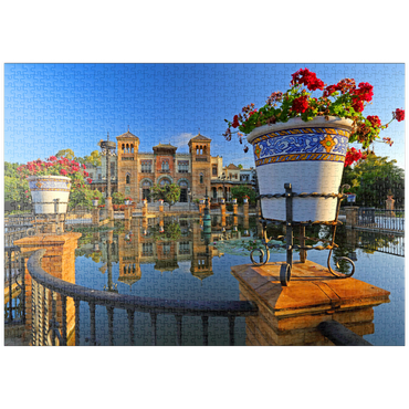 puzzleplate Wasserbecken mit dem Mudejar Pavillon im Morgenlicht, Plaza de America 1000 Puzzle