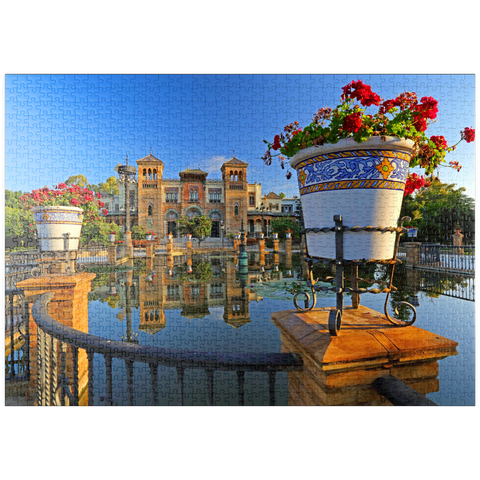 puzzleplate Wasserbecken mit dem Mudejar Pavillon im Morgenlicht, Plaza de America 1000 Puzzle