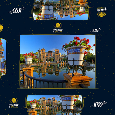 Wasserbecken mit dem Mudejar Pavillon im Morgenlicht, Plaza de America 1000 Puzzle Schachtel 3D Modell