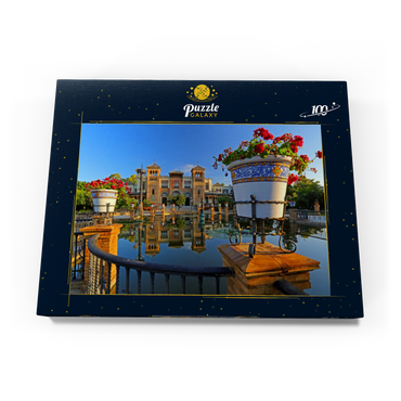 Wasserbecken mit dem Mudejar Pavillon im Morgenlicht, Plaza de America 100 Puzzle Schachtel Ansicht3