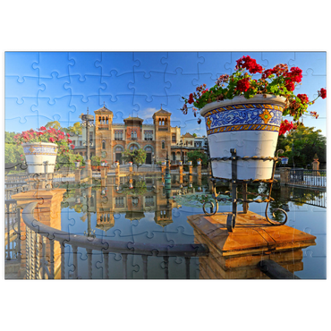 puzzleplate Wasserbecken mit dem Mudejar Pavillon im Morgenlicht, Plaza de America 100 Puzzle