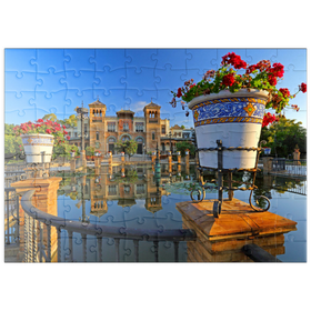 Darstellung des Puzzle Motivs Wasserbecken mit dem Mudejar Pavillon im Morgenlicht, Plaza de America - Puzzleteile: 100
