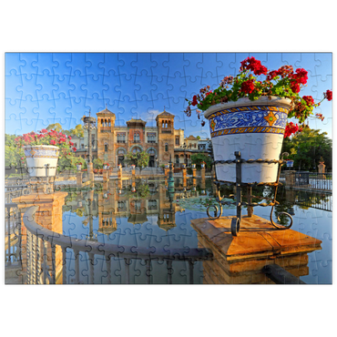 puzzleplate Wasserbecken mit dem Mudejar Pavillon im Morgenlicht, Plaza de America 200 Puzzle