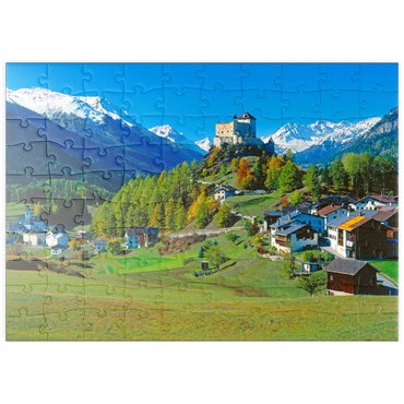 puzzleplate Blick zum Schloss Tarasp, Engadin, Kanton Graubünden, Schweiz 100 Puzzle