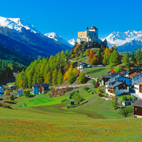 Blick zum Schloss Tarasp, Engadin, Kanton Graubünden, Schweiz 200 Puzzle 3D Modell