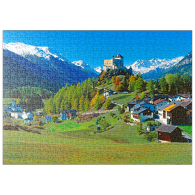Darstellung des Puzzle-Motivs Blick zum Schloss Tarasp, Engadin, Kanton Graubünden, Schweiz – Puzzleteile: 500