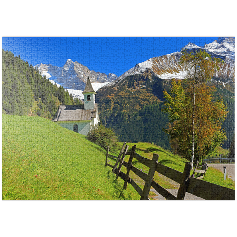 puzzleplate Kapelle bei Vals gegen den Olperer (3476m), Valsertal, Tirol, Österreich 1000 Puzzle