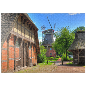 Darstellung des Puzzle Motivs Freilichtmuseum Ammerländer Bauernhaus und Kappenwindmühle - Puzzleteile: 1000
