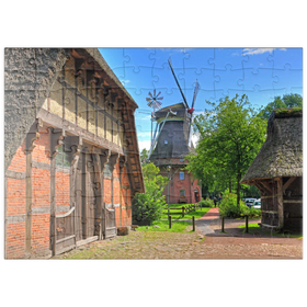 Darstellung des Puzzle Motivs Freilichtmuseum Ammerländer Bauernhaus und Kappenwindmühle - Puzzleteile: 100
