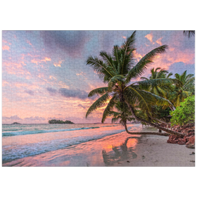 Darstellung des Puzzle-Motivs Palmenstrand der Anse Volbert im Morgenlicht, Insel Praslin, Seychellen – Puzzleteile: 1000